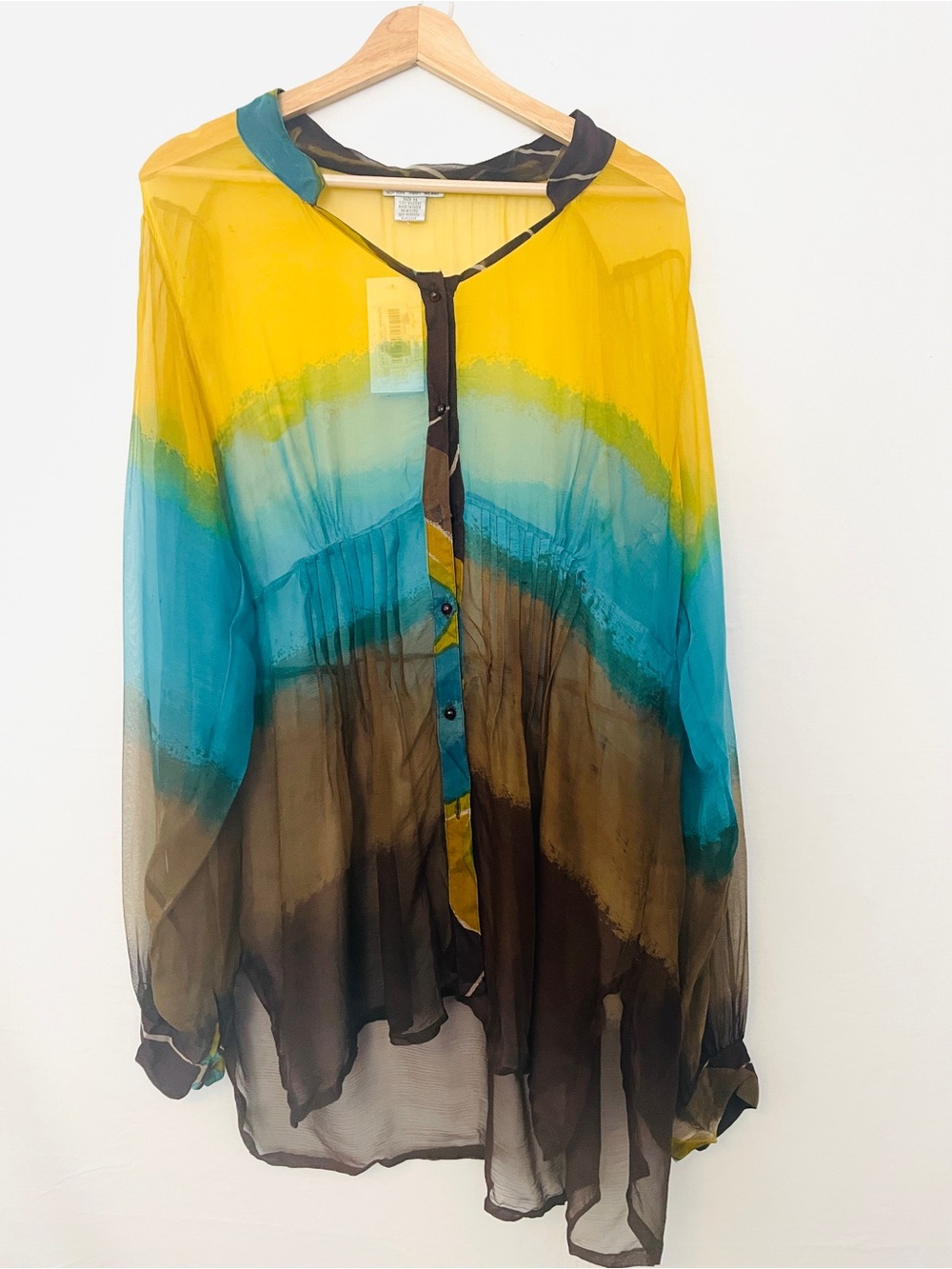 NWT Alberto Makali Sheer Ombre Button-Front Women’s Blouse - Yellow Blue Brown